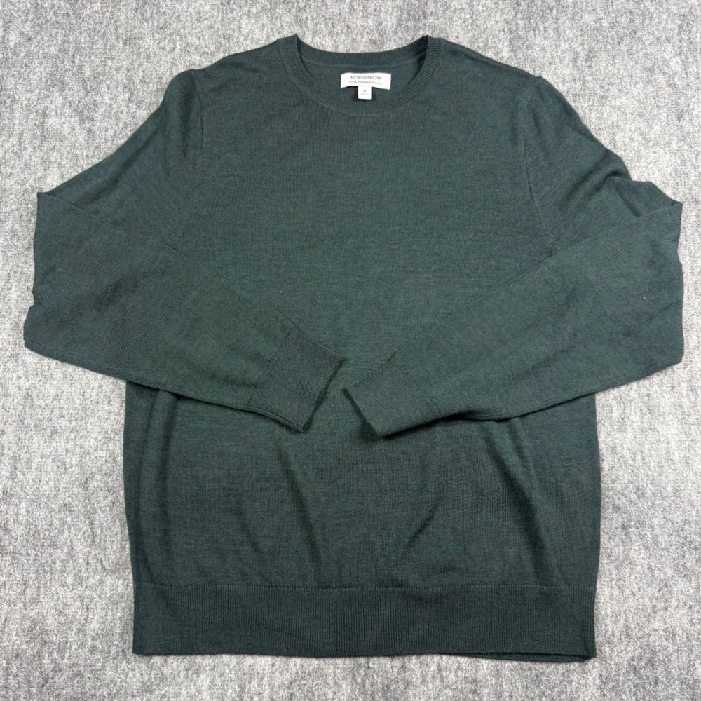 Nordstrom Sweater Mens Medium Green Washable Merino Wool Crewneck Quiet Luxury
